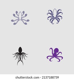 sea ​​animal octopus, underwater sea creature with and long tentacles. Water kraken, cephalopod character with big eyes and antennae in various poses, isolated vector set