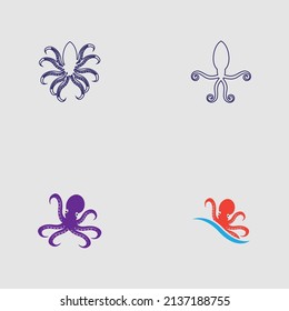 sea ​​animal octopus, underwater sea creature with and long tentacles. Water kraken, cephalopod character with big eyes and antennae in various poses, isolated vector set