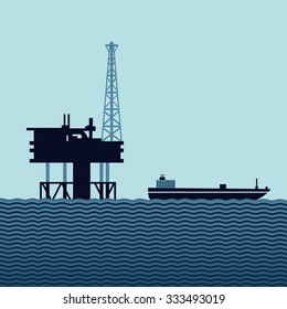 Sea oil platform with a tanker. Flat style vector illustration.