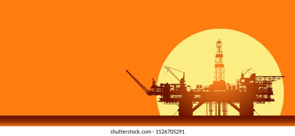 Sea oil rig. Offshore drilling platform on sunset