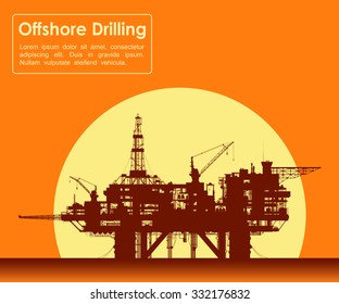 Sea oil rig. Offshore drilling platform in the sea at sunset. Detail vector illustration. 