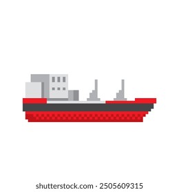 Sea oil tanker pixel art icon. Design for logo, web, mobile app, sticker, badges and patches. Video game sprite. 8-bit. Isolated vector illustration.