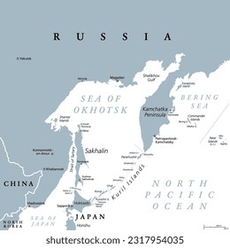 Sea of Okhotsk, gray political map. Marginal sea of the North Pacific Ocean located between the Kamchatka Peninsula, the Kuril Islands, Hokkaido, Sakhalin, and a stretch of the eastern Siberian coast.