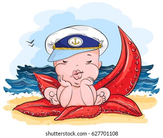 The sea on the beach baby sleeps in the starfish