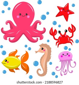 Sea ​​animals on a white background. Inhabitants of the sea world, cute, underwater creatures. Vector illustration