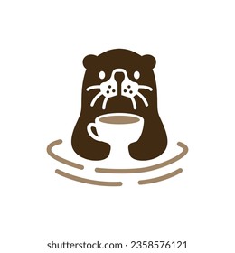 sea otter coffee cup cafe logo mascot character vector icon illustration