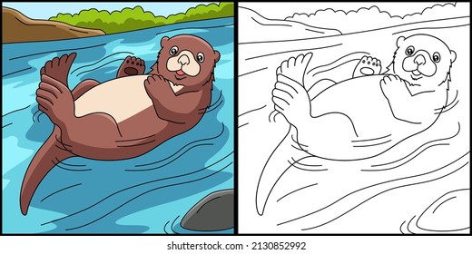 Sea Otter Coloring Page Colored Illustration