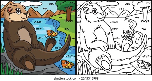 Sea Otter Coloring Page Colored Illustration