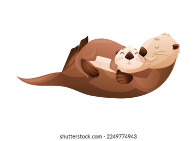 Sea Otter Embracing with Baby as Marine Mammal and Aquatic Creature with Brown Coat and Long Tail Vector Illustration