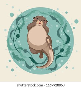 sea otter floating on water with kelp forest vector illustration