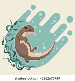 sea otter floating on water with kelp forest vector illustration