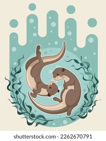 sea otter floating on water with kelp forest vector illustration