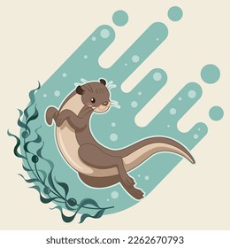 sea otter floating on water with kelp forest vector illustration