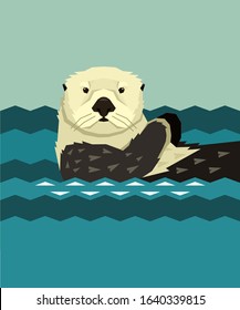 Sea Otter floating in the water Wild animals Cartoon Vector illustration Geometric style set