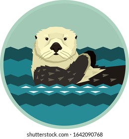 Sea Otter floating in the water Wild animals Cartoon Round frame Vector illustration Geometric style set