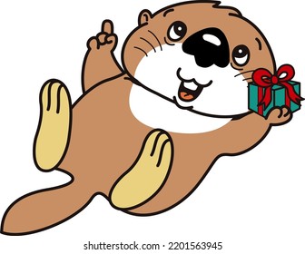 A sea otter happy to receive a present