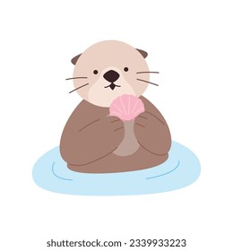 Una nutria marina sostiene un caparazón y saca su cara del agua. ilustración vectorial plana.