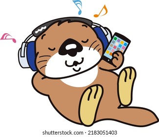 Sea otter listening to music on a smartphone