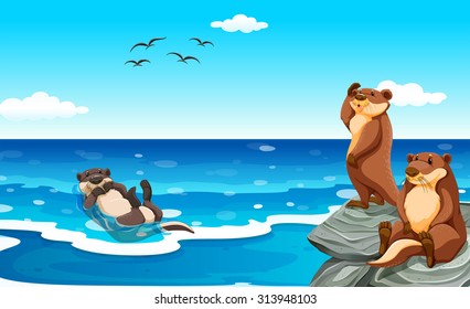 Sea otter living in the ocean illustration