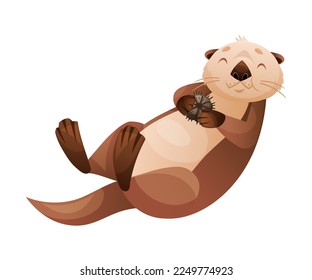 Sea Otter as Marine Mammal and Aquatic Creature with Brown Coat and Long Tail Holding Urchins Vector Illustration