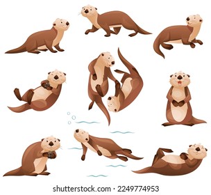 Sea Otter as Marine Mammal and Aquatic Creature with Brown Coat and Long Tail Vector Set