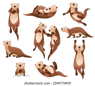 Sea Otter as Marine Mammal and Aquatic Creature with Brown Coat and Long Tail Vector Set