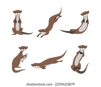 Sea Otter as Marine Mammal and Aquatic Creature with Brown Coat and Long Tail Sitting and Swimming Vector Set