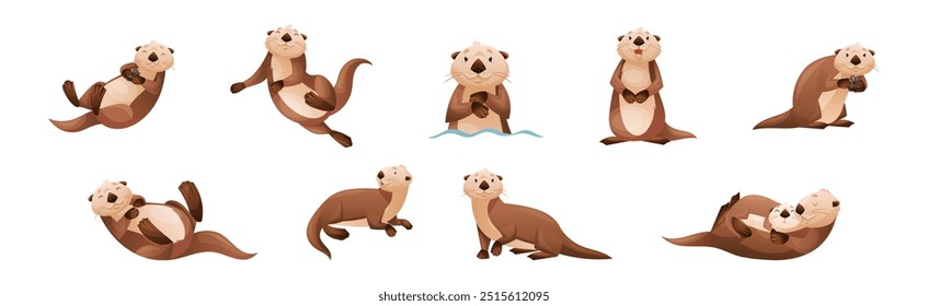 Sea Otter as Marine Mammal and Aquatic Creature with Brown Coat and Long Tail Vector Set