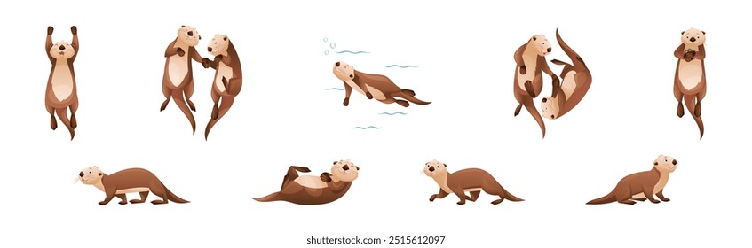 Sea Otter as Marine Mammal and Aquatic Creature with Brown Coat and Long Tail Vector Set