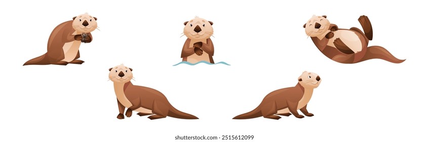 Sea Otter as Marine Mammal and Aquatic Creature with Brown Coat and Long Tail Vector Set