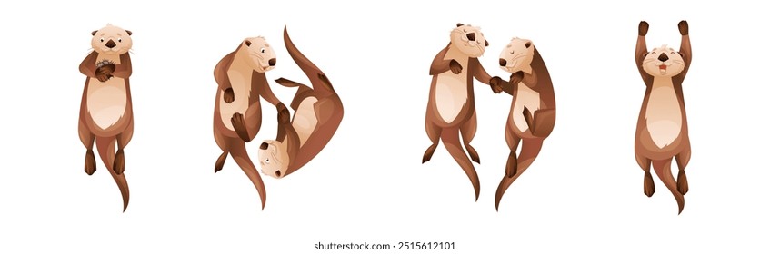 Sea Otter as Marine Mammal and Aquatic Creature with Brown Coat and Long Tail Vector Set