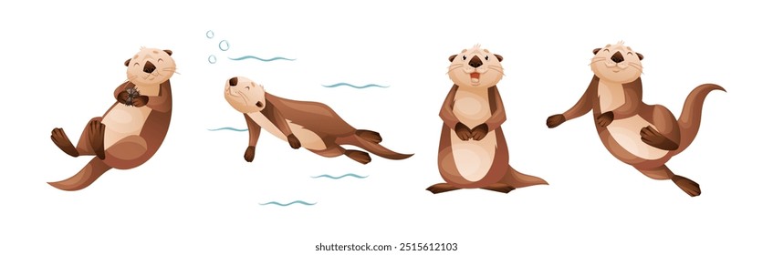 Sea Otter as Marine Mammal and Aquatic Creature with Brown Coat and Long Tail Vector Set