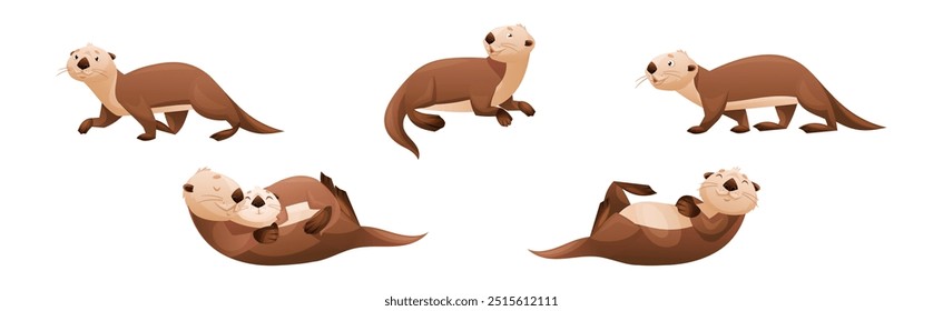 Sea Otter as Marine Mammal and Aquatic Creature with Brown Coat and Long Tail Vector Set