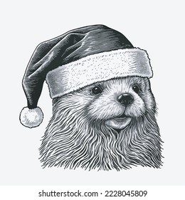 Sea Otter Santa Hat Vector Illustration Tshirt Design Logo Icon Christmas Greeting Card