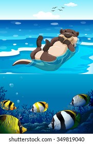 Sea otter swimming in the sea illustration