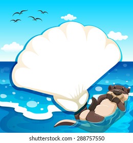 Sea otter swimming in the ocean and a shell shape frame