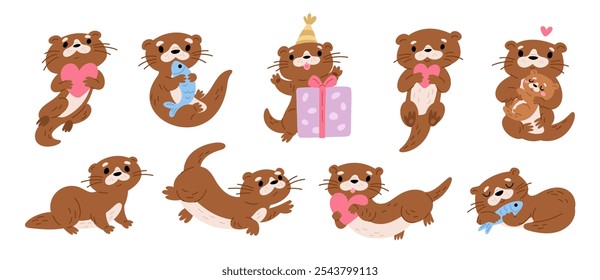 Personajes de nutrias marinas. Divertidos animales acuáticos. Pequeños mamíferos marinos lindos. Diferentes poses y acciones. Mascota kawaii para niños. Criatura de la historieta que sostiene el pez o el corazón del amor