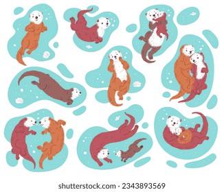 Sea otters cute cartoon characters splashing in water, flat vector illustration isolated on white background. Adorable otters for greeting cards and prints.