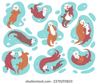 Sea otters cute cartoon characters splashing in water, flat vector illustration isolated on white background. Adorable otters for greeting cards and prints.