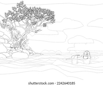 Sea otters lie comfortably in the sea, line art.