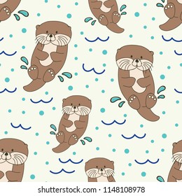 Sea Otters Pattern Seamless Vector Background Cute Animal Ocean Fabric Textile