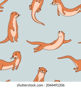 Sea Otters Pattern Seamless. Vector Background with Cute Animals, baby Fabric Textile