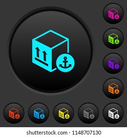 Sea package transportation dark push buttons with vivid color icons on dark grey background