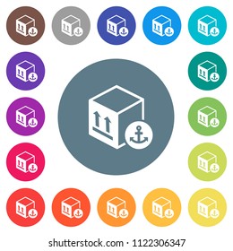 Sea package transportation flat white icons on round color backgrounds. 17 background color variations are included.
