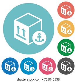 Sea package transportation flat white icons on round color backgrounds