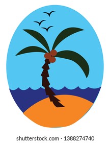 Sea with a palm tree having a crown of very long feathered or fan-shaped leaves bearing few coconuts above the land and few birds flying high up the sky  vector  color drawing or illustration