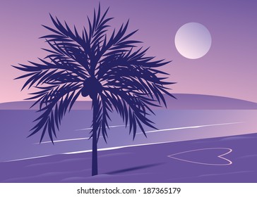 The sea, palm tree and heart on a beach.