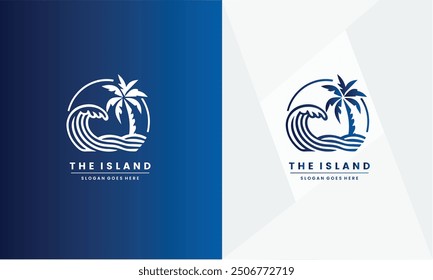 Mar ​​onda con Ilustración vectorial de diseño de logotipo de palmera. Diseño de agua de creatividad oceánica.