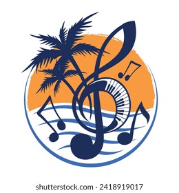 Sea, palm trees and music cartoon style logo design concept.