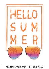 Sea and palm trees are reflected in sunglasses. Hello summer lettering design. Vector illustration isolated on white background
